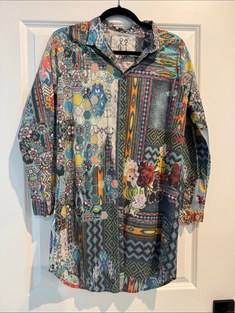 Johnny Was Multicolor Printed Button-Up Blouse in Teal, Coral & Yellow